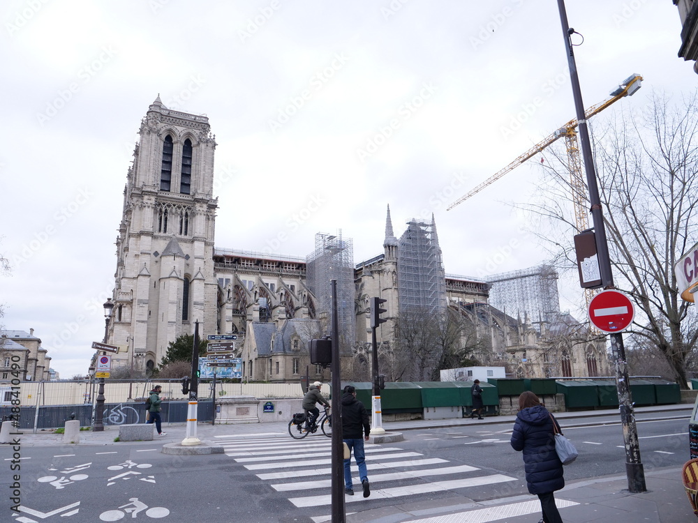 The towers of Notre Dame, during its reconstruction. The 8th February 2022.