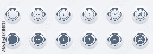 Client Support Service Set. Headset with Question Mark, Ellipsis. Around Clock Telephone and Online Help Pictogram. Hotline Concept Silhouette and Line Icons. Vector Illustration