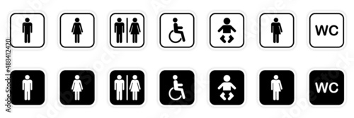 Set of Toilet Silhouette Icon. Sign of Washroom for Male, Female, Transgender, Disabled. WC Sign on Door for Public Toilet. Collection of Symbols Restroom. Mother and Baby Room. Vector Illustration