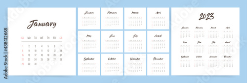 Square simple 12 months business calendar for 2023 year. Square 2023 calendar template design for wall or table use. Weeks starts Sunday. English language.