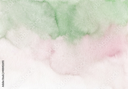 Watercolor pastel greenm pink and white ombre background texture. Neutral colors stains on paper, hand painted. photo