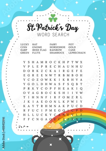 St.Patrick's Day word search puzzle. School party activity card. Logic educational game for learning English words. Printable trivia game, holiday crossword. Suitable for social media post. 