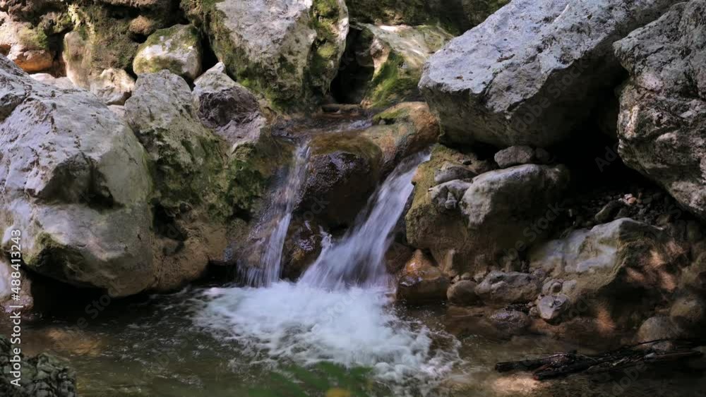 forest river with waterfall in stones with flowing water in summer forest river with waterfall in stones with flowing water in summer