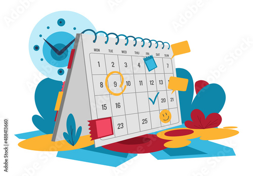 Planning concept. Entrepreneurship and calendar schedule planning with filling course campaign. Business meeting and events organizing process office working. Isometric vector illustration