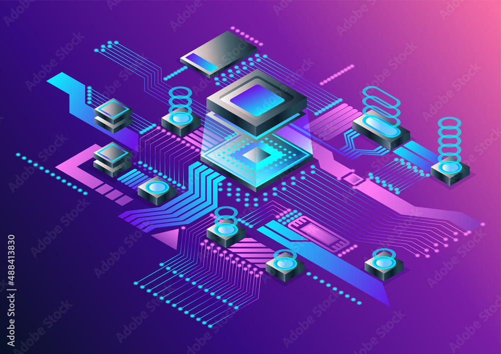 Electronic cpu digital chip. Abstract computer processor and electronic components on motherboard or circuit board. Eelectronic devices on microchip or microprocessor, hardware engineering. AI