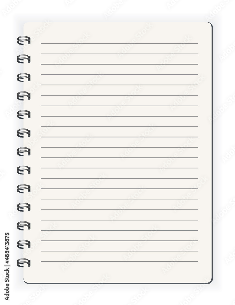 Notebook ined. Sketchbook blank page. Notepad vector isolated mockup. Blank mock up with shadow. Art design clean spiral notepad blank template Notebook ined. Sketchbook blank page. Notepad vector isolated mockup. Blank mock up with shadow. Art design clean spiral notepad blank template