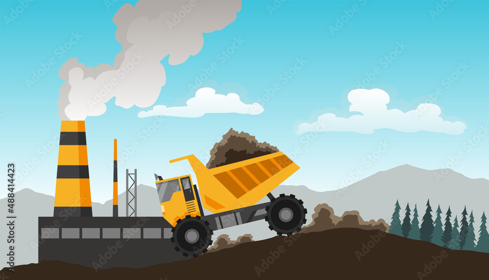 Coal mining. Miners with tools under ground. Industrial equipment and machinery on background in layers of soil. Miner in mine produces breed. Truck carries the rock from the mine to the plant