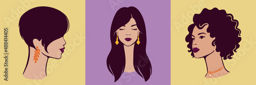 Set of different woman portraits. Avatar of beautiful girls.  Vector illustration.