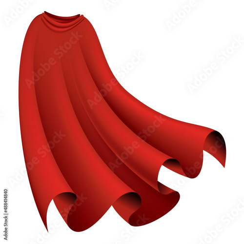 Superhero red cape. Scarlet fabric silk cloak in back view. Carnival masquerade dress, realistic costume design. Flying Mantle costume