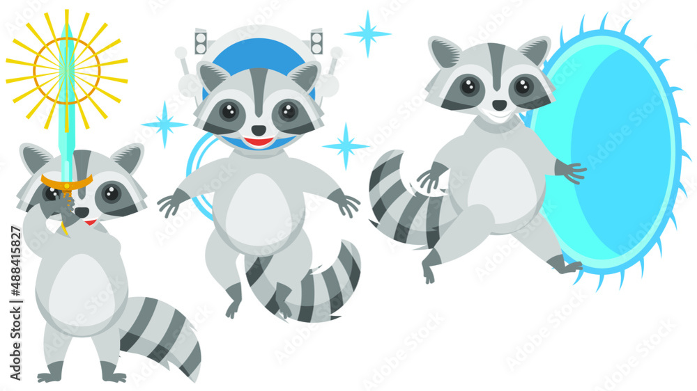 Naklejka premium Set Abstract Collection Flat Cartoon Different Animal Raccoons With A Sword In Hand, Astronaut In Helmet, Running Into The Portal Vector Design Style Elements Fauna Wildlife