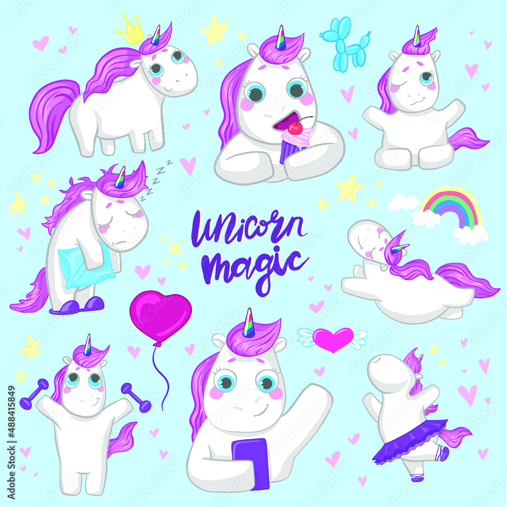 Obraz premium cute children's cartoon set with kind cheerful unicorns. white unicorns with a pink mane and a rainbow horn on a blue background. children's illustration. for girls 