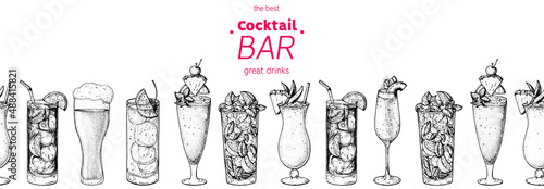 Alcoholic cocktails hand drawn vector illustration. Cocktails set. Bar menu design elements. Hand drawn sketch collection.