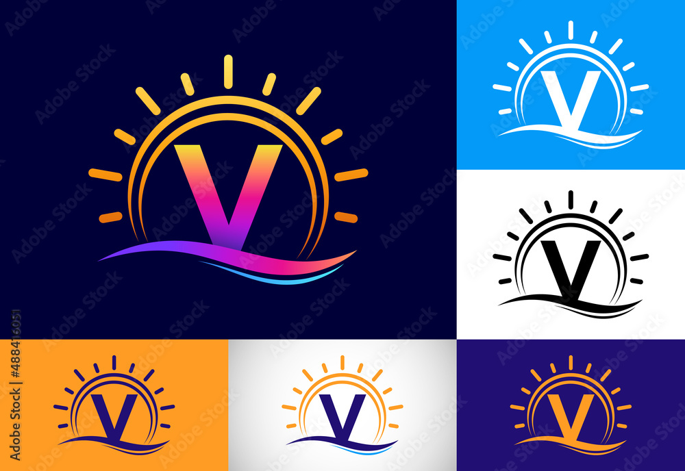 Initial V monogram alphabet with abstract sun and wave. Ocean sun logo design. Font emblem Initial V monogram alphabet with abstract sun and wave. Ocean sun logo design. Font emblem