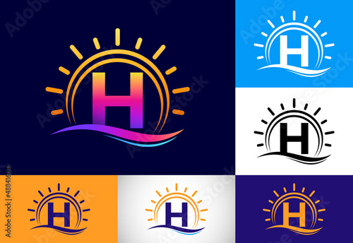 Initial H monogram alphabet with abstract sun and wave. Ocean sun logo design. Font emblem