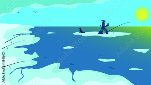 A Fisherman With A Dog On A Floating Ice Floe