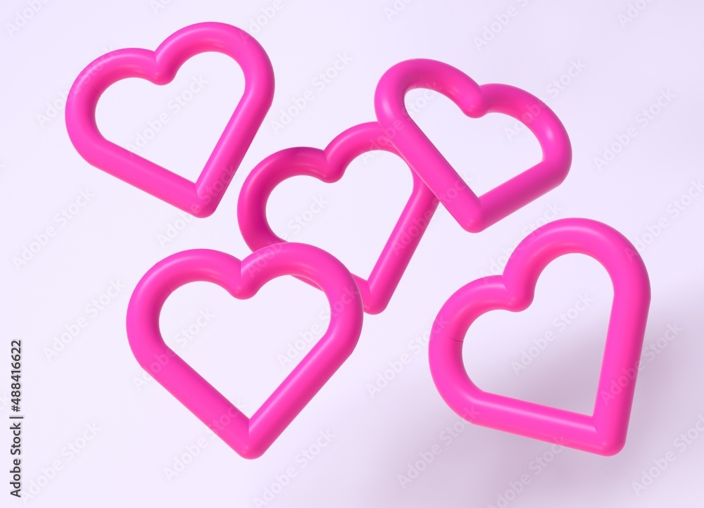 3D illustration of pink hearts on a white background. Concept of romance and love.