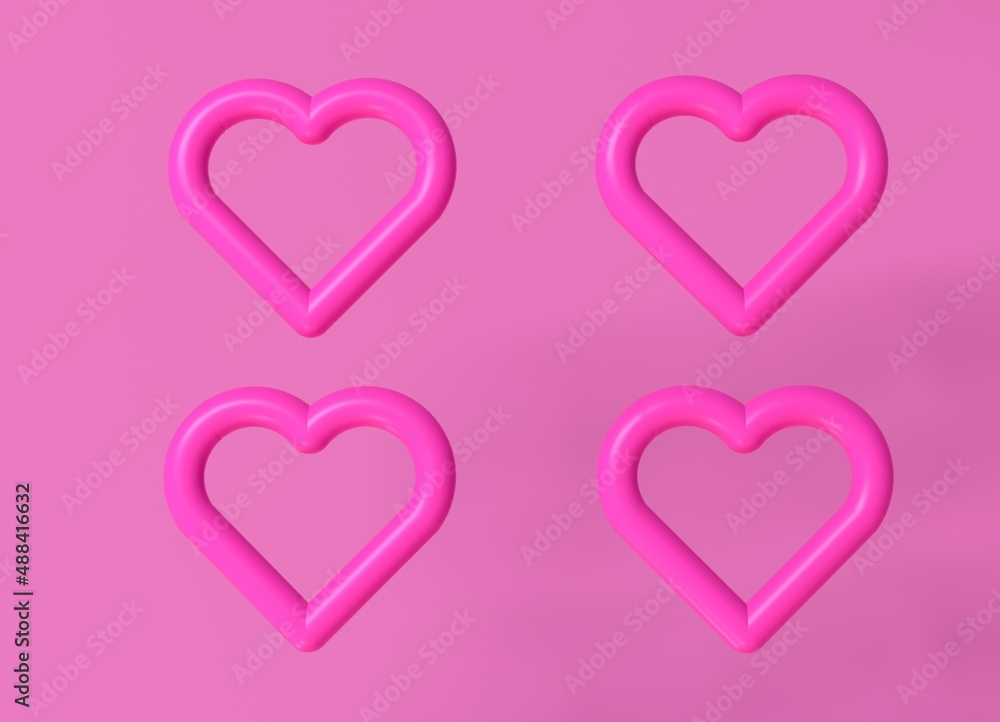 3D illustration of hearts on a pink background. Concept of romance and love.