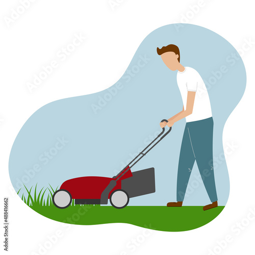 Man cutting grass in garden. Gardener mowing lawn with electric push-mower in backyard. 