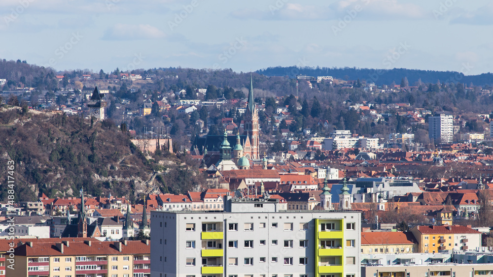View over the skyline of Graz during Winter