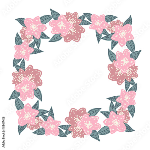 Isolated vector set of abstract colorful vignette of blossoming sakura flowers with green leaves