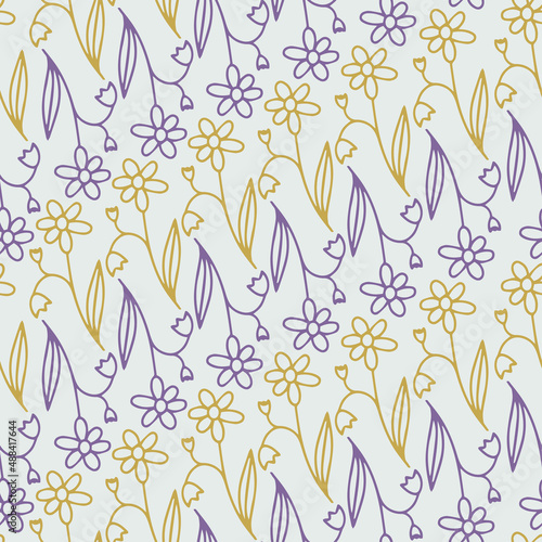 Seamless vector pattern of ornamental lined white abstract flowers in pastel tones
