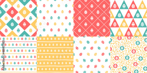 Easter, paschal eggs seamless colorful geometric patterns collection, set. Tiny painted cute egg shapes with stripes, square rhombus check, plaid, floral motives, hand drawn streaks, wavy lines.