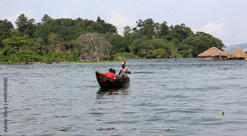 Boat tour in river. Nile River at its source in Uganda. Jinja - Uganda.