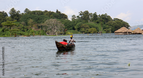 Boat tour in river. Nile River at its source in Uganda. Jinja - Uganda.