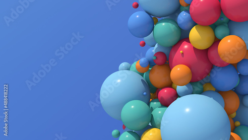 Group of colorful balls. Blue background. Abstract illustration, 3d render, close-up.