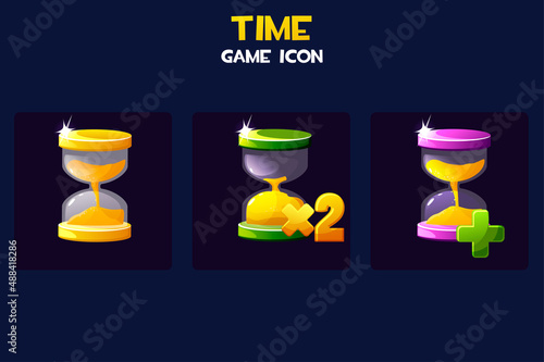 Hourglass game time icons, golden, colorful clock for gui.