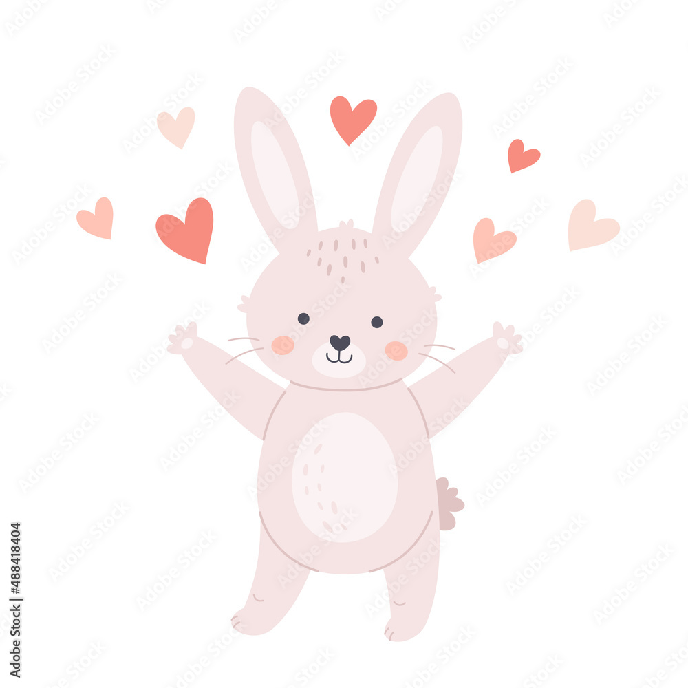 Cute bunny with hearts. Year of the Rabbit. Easter white bunny. Hand drawn vector illustration Cute bunny with hearts. Year of the Rabbit. Easter white bunny. Hand drawn vector illustration