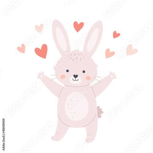 Cute bunny with hearts. Year of the Rabbit. Easter white bunny. Hand drawn vector illustration 