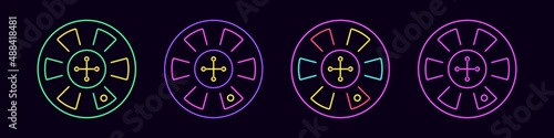 Neon game roulette top view. Gambling wheels in casino with luminous sectors and ball. Round lottery of luck and vector jackpot