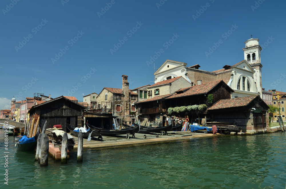 Venice. Gondolas Shipyard, dock Squero of San Trovaso. Gondolas repair shop fixes traditional Venetian boats. Squero di San Trovaso, venetian landmark