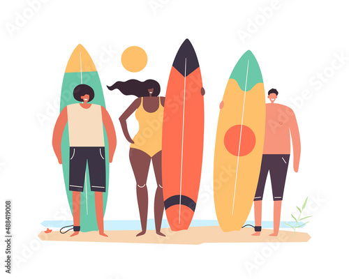 A beautiful african american woman and tanned guys are standing on a summer beach and holding surfboards. A flat vector cartoon illustration isolated on a white background.