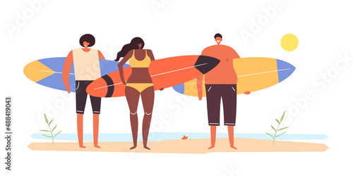 A beautiful african american woman and tanned guys are standing on a summer beach and holding surfboards. A flat vector cartoon illustration isolated on a white background.