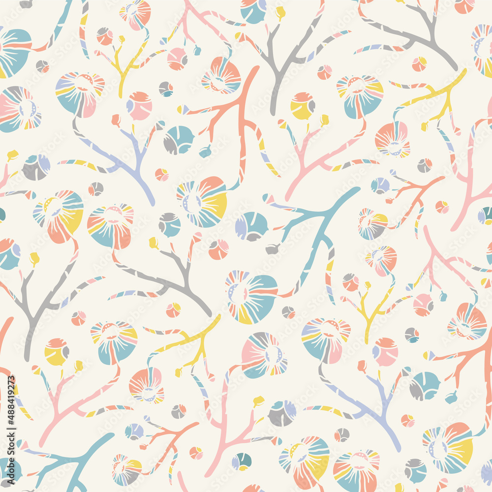 Fototapeta premium Abstract peony flower seamless vector pattern background. Pink blue white backdrop with scattered flowers on stems. Modern faux lino print style peonies. Botanical garden floral repeat for summer