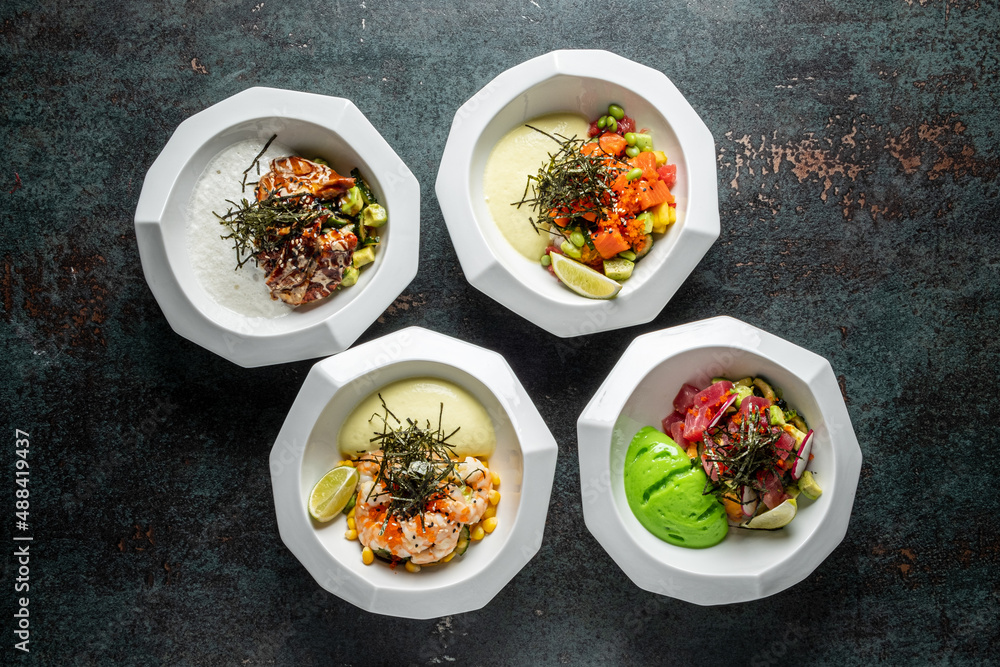Raw fish poke bowl with sauce Raw fish poke bowl with sauce