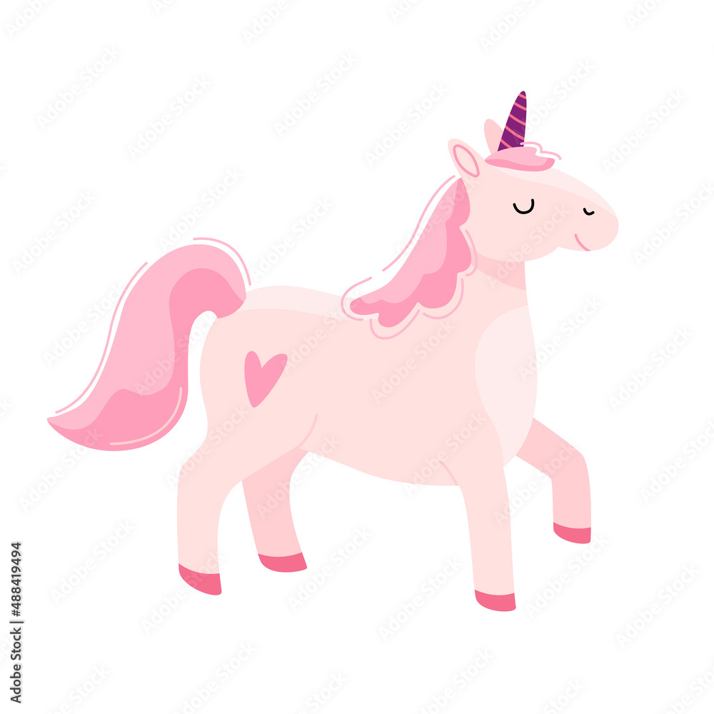 Cute cheerful pink unicorn character. Baby vector illustration in cartoon style isolated on white background. Fabulous magical creature element for design, postcards, poster