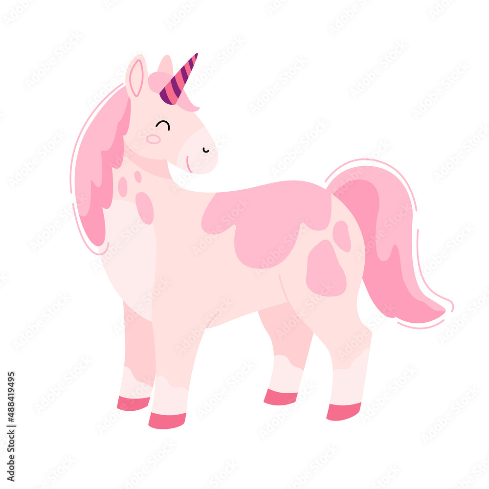 Naklejka premium Cute cheerful pink unicorn character. Baby vector illustration in cartoon style isolated on white background. Fabulous magical creature element for design, postcards, poster