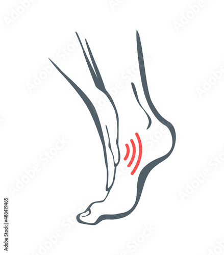 Body part pain. Man feels pain in ankle marked with red lines. Vector foci of pain or trauma symbols, grey art line illustration