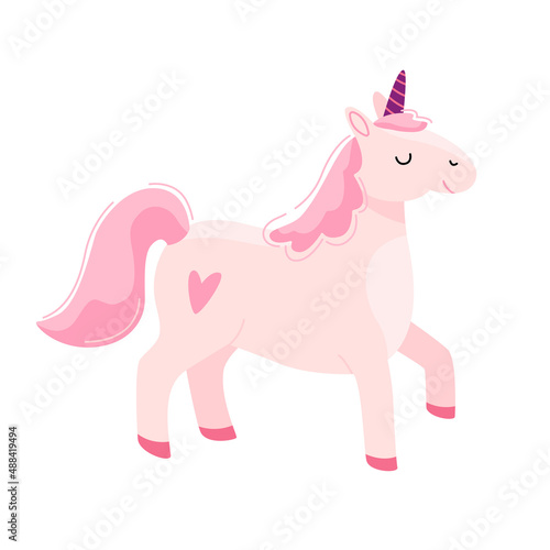 Cute cheerful pink unicorn character. Baby vector illustration in cartoon style isolated on white background. Fabulous magical creature element for design, postcards, poster