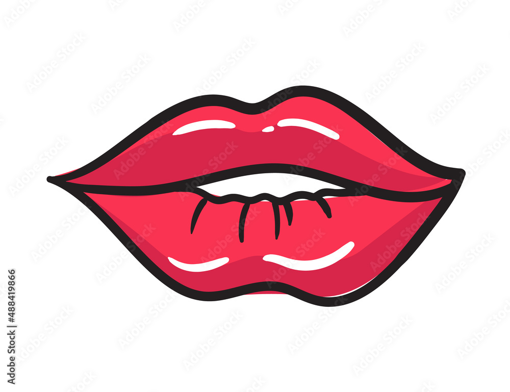 Comic female red lips sticker. Women mouth with lipstick in vintage comic style. Rop art retro illustration