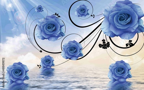 3d-niebieskie-kwiaty-z-czarnymi-galeziami-na-tle-nieba-i-wody
