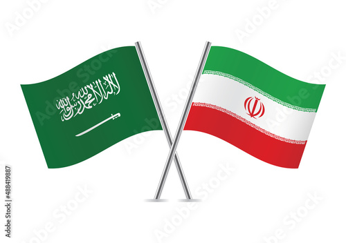 Saudi Arabia and Iran crossed flags. Saudi Arabian and Iranian flags, isolated on white background. Vector icon set. Vector illustration.