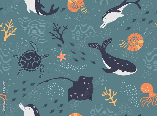 Seamless vector pattern with sea creatures. Turtle, stingray, octopus, whale and dolphins. Ocean print. Hand drawn illustration.