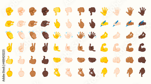 All hand emoji gesture. Hand emoticons vector illustration symbols set  collection. Hands  handshakes  muscle  finger  fist  direction  like  unlike  fingers.