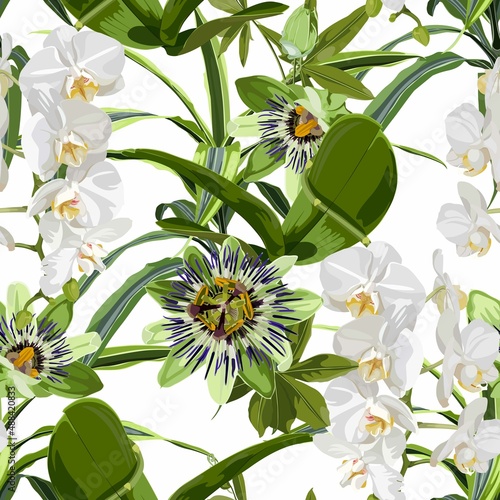 Tropical orchid flowers and exotic passiflora on white background. Seamless pattern. Jungle foliage illustration. Exotic plants. Summer beach floral design. Paradise nature.