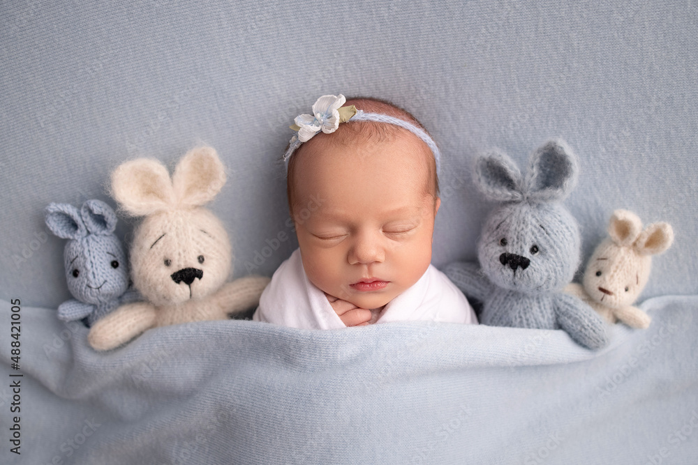 Sleeping newborn girl in the first days of life in a white cocoon with a white bandage and a blue flower on a blue background. Studio macro photography, portrait of a newborn ballerina, toys bunnies. 