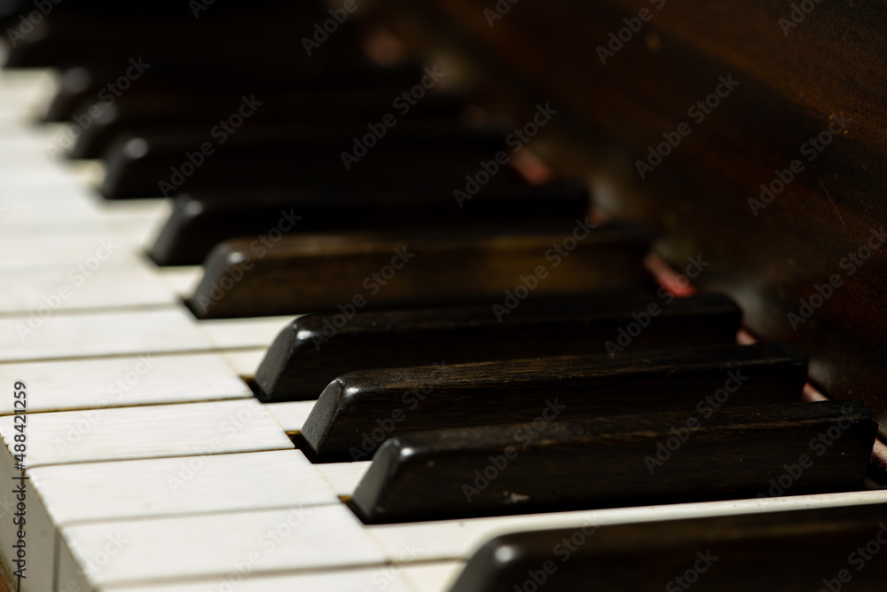 Keyboard of a piano, Selective focus image of black and white keys.